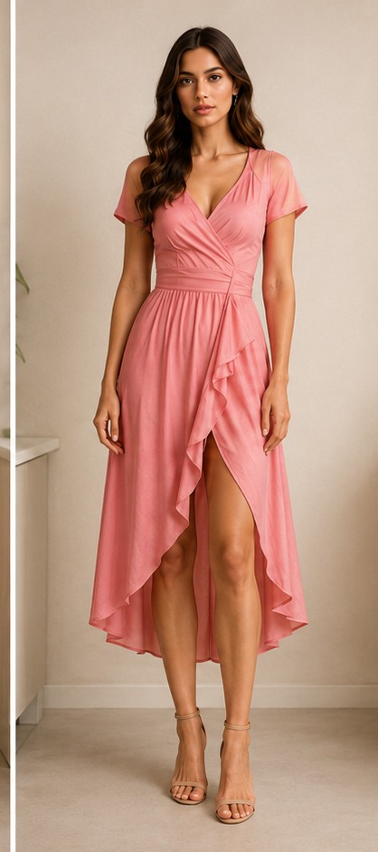 Modelo virtual con vestido rosa en vista frontal para catálogo