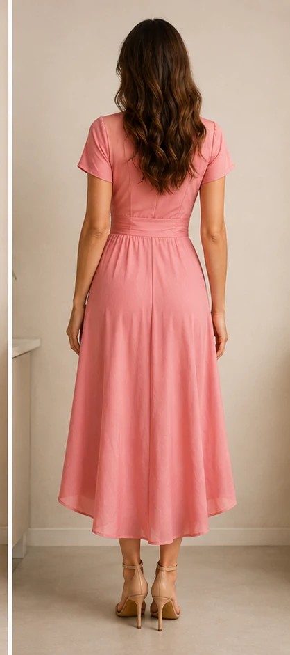 Modelo virtual con vestido rosa en vista posterior