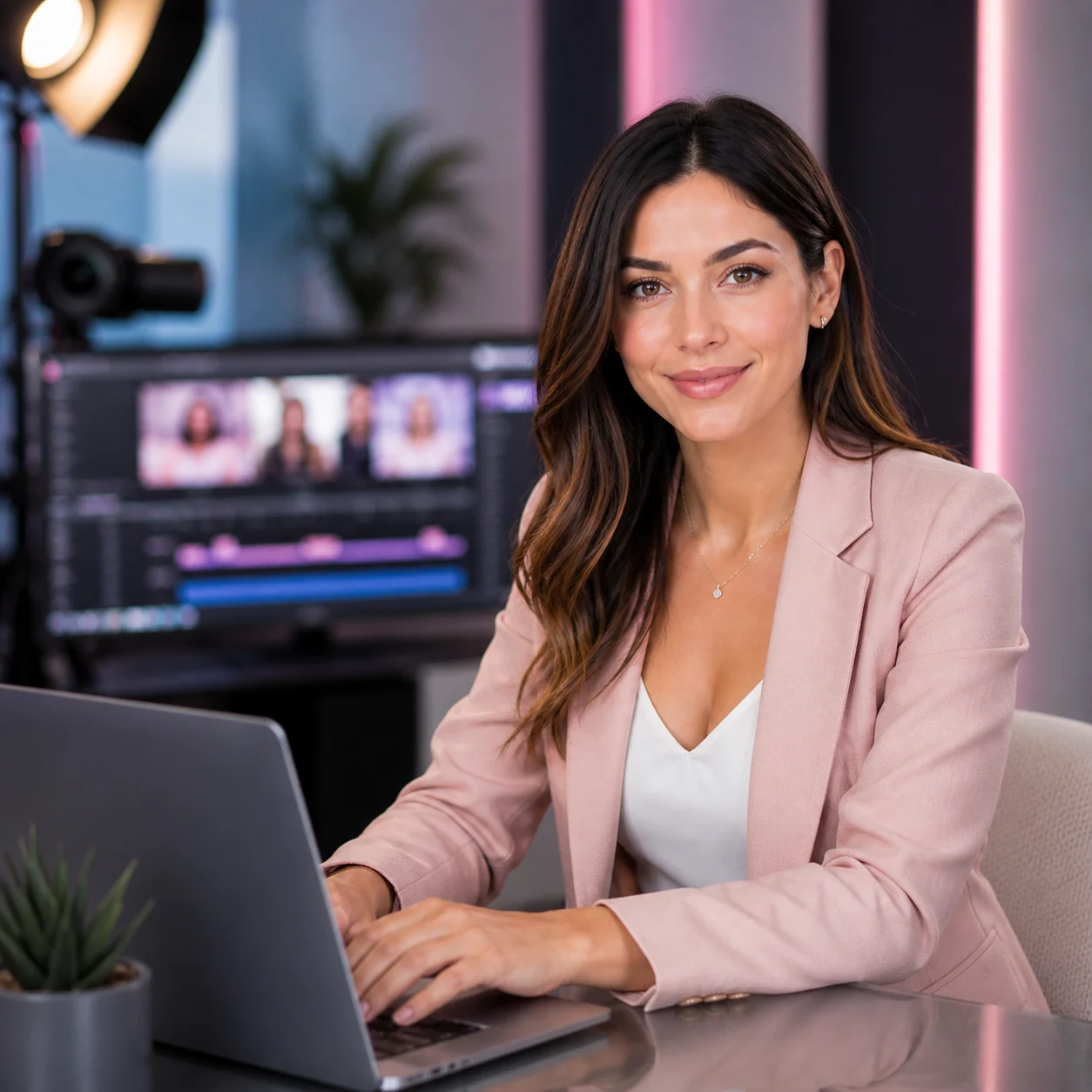 Presentadora IA corporativa para publicidad en video de una marca