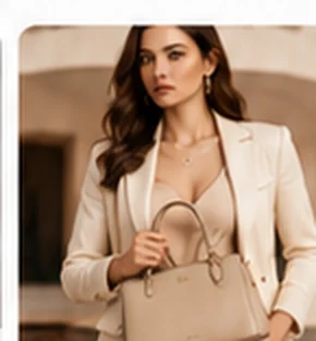 Modelo IA femenina mostrando una bolsa