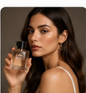 Modelo IA femenina presentando perfume