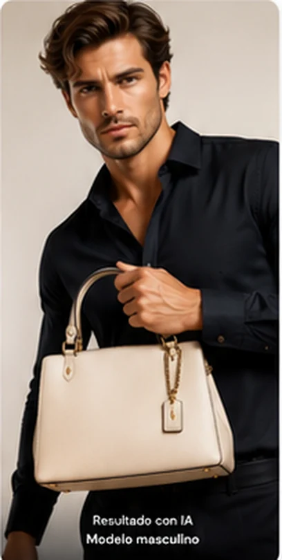 Modelo profesional masculino creado con IA mostrando una bolsa